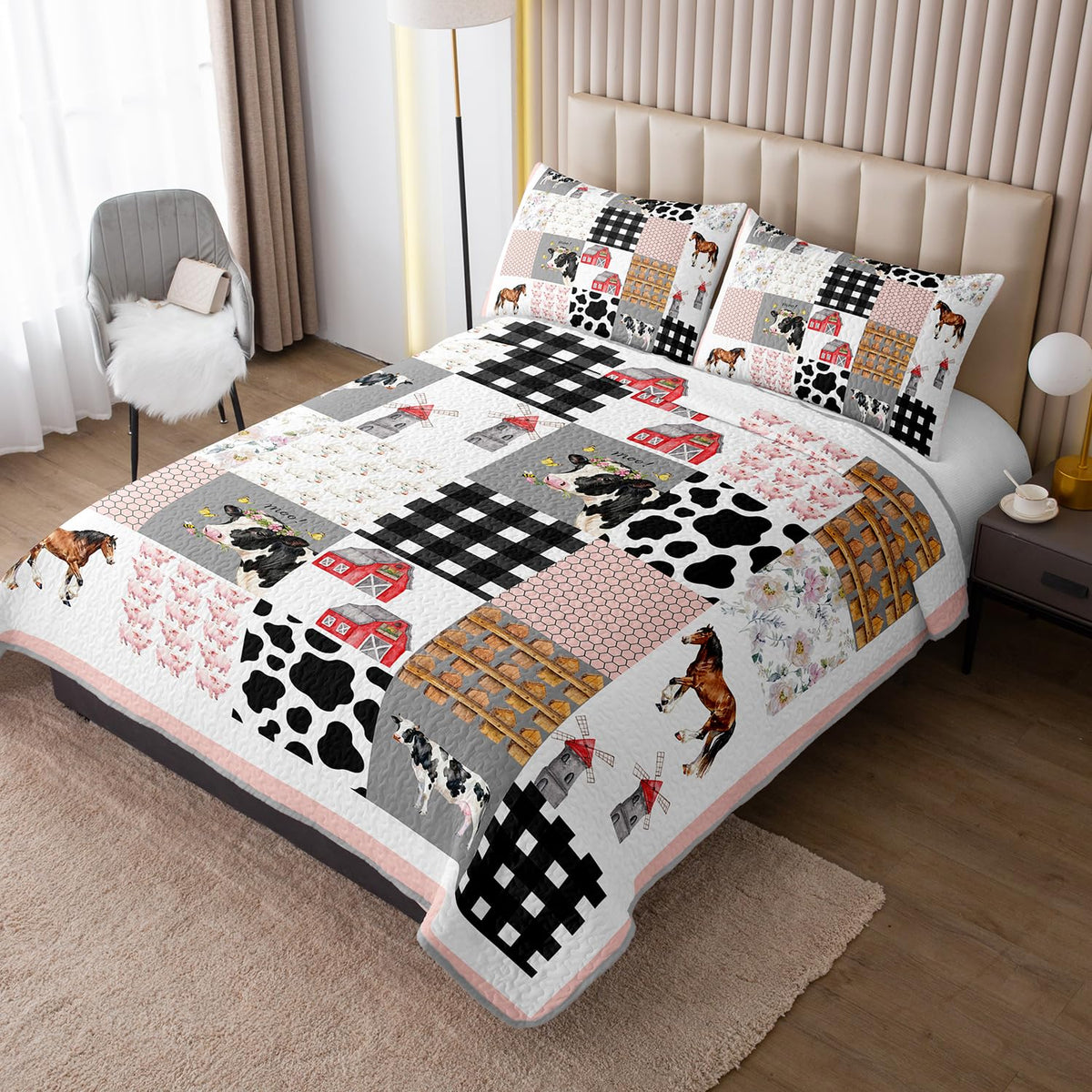 Farmhouse Patchwork Quilt, Country Bedding with 2 Pillowcases.