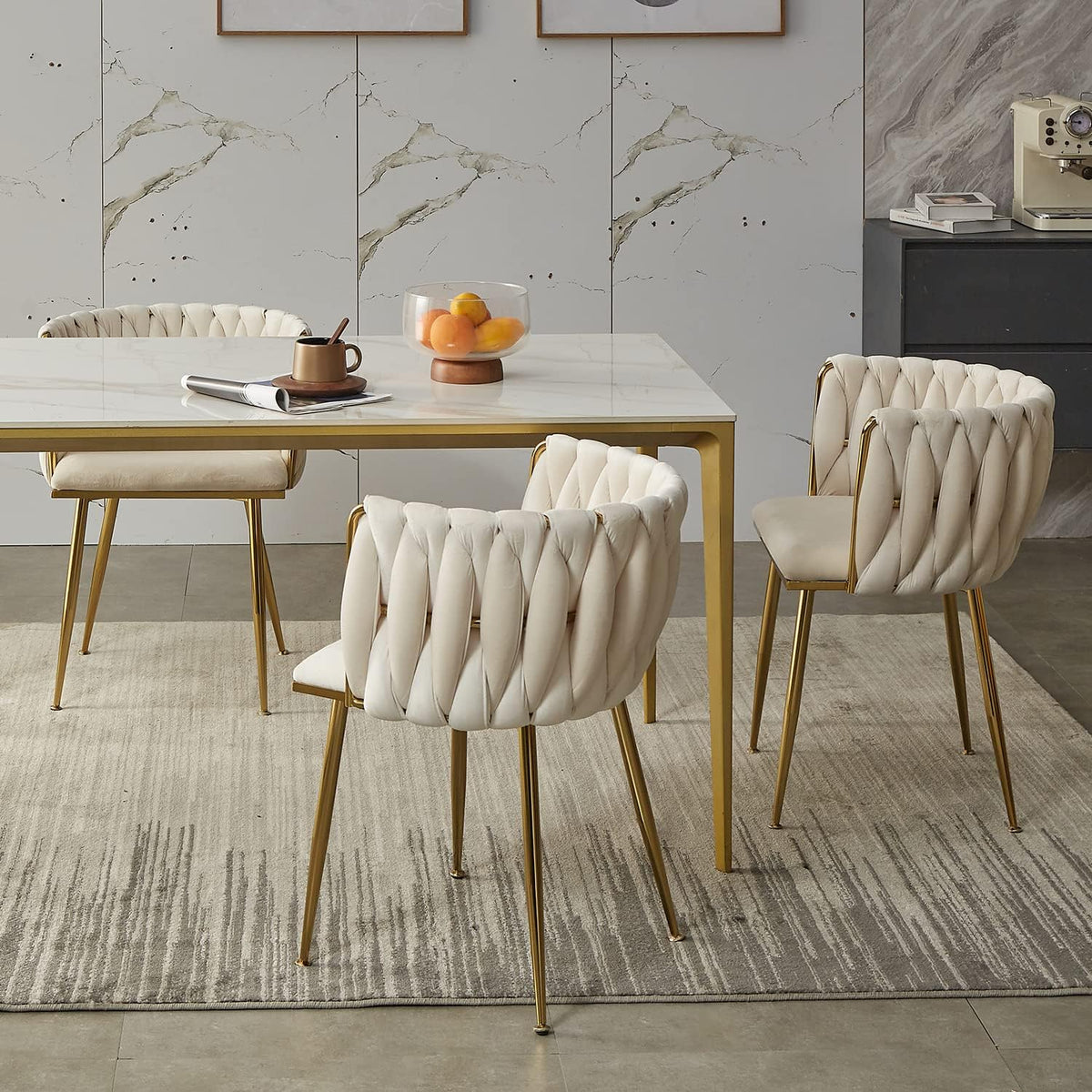 Velvet Dining Chairs Set of 4, Modern Dining Chair with Golden Metal Legs, Woven Upholstered Dining Chairs for Dining