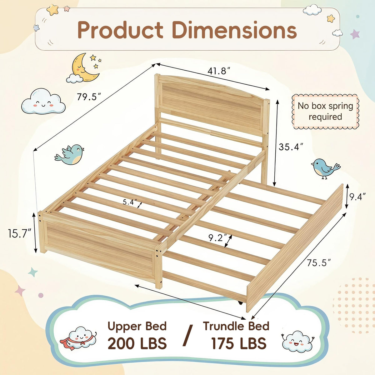 Daybed with Trundle, Twin Size Pull Out Bed, Solid Wood Extendable Day Bed with Trundle, Include Slat Support