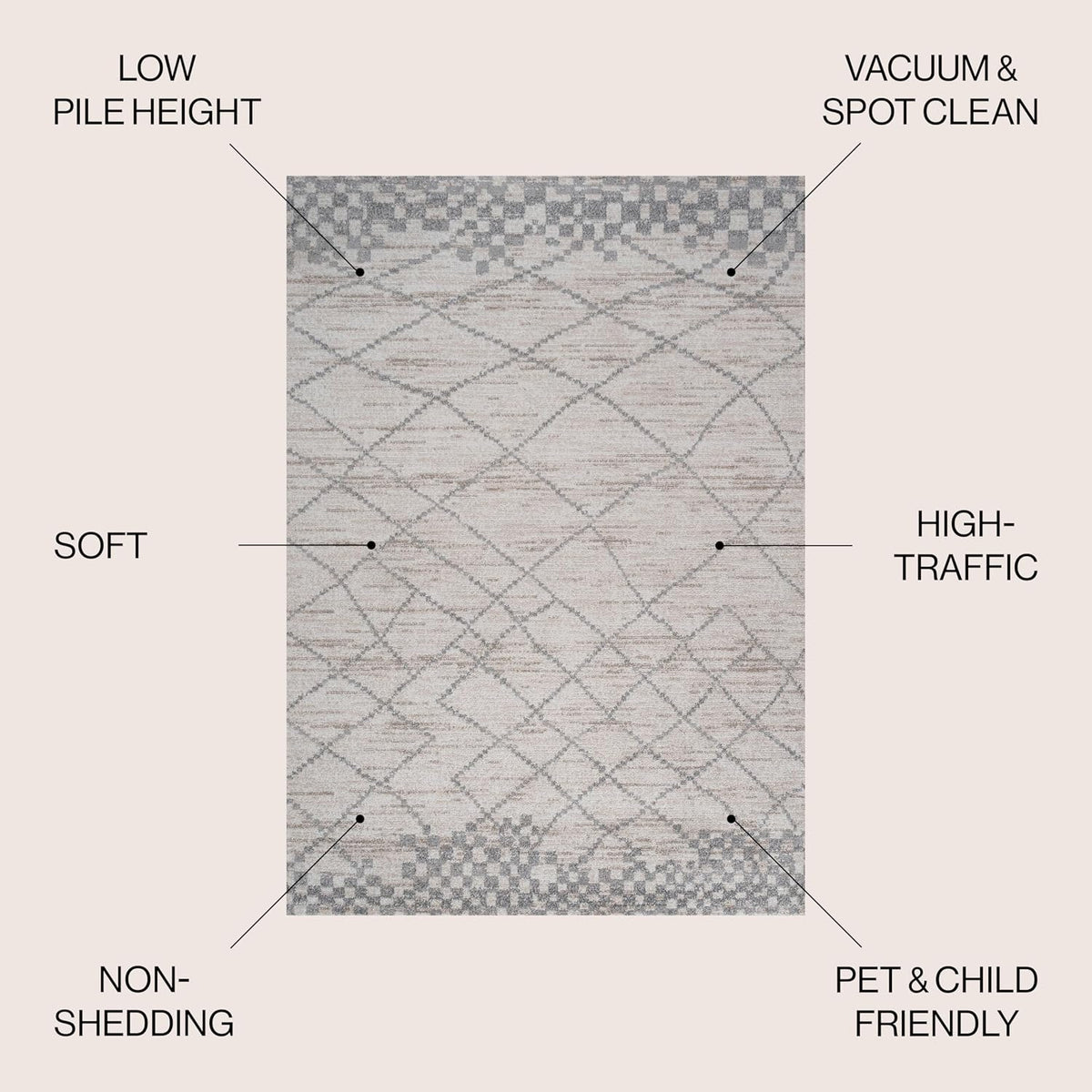 Asilah Diamond Light Gray Indoor Area Rug, Moroccan Modern, Bohemian, Casual, Easy-Cleaning, Pet Friendly