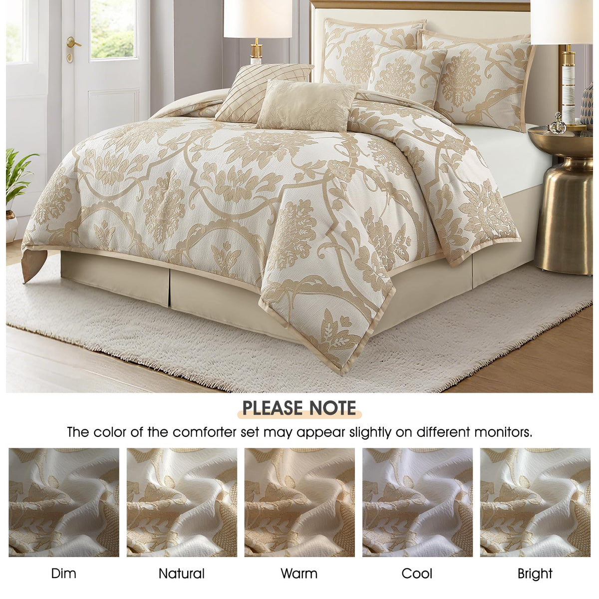 7 Piece Gold Comforter Set, Elegant Jacquard Floral Bed in a Bag, Microfiber Bedding All Seasons with Pillow