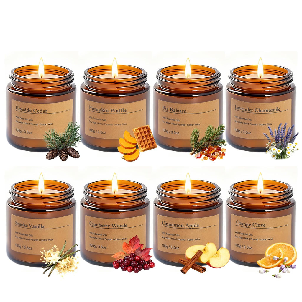 Fall Candles Gift Set - 8 Pack Vintage Amber Glass Jar Candles, Scents, Gift for Women, Aromatherapy Soy Wax