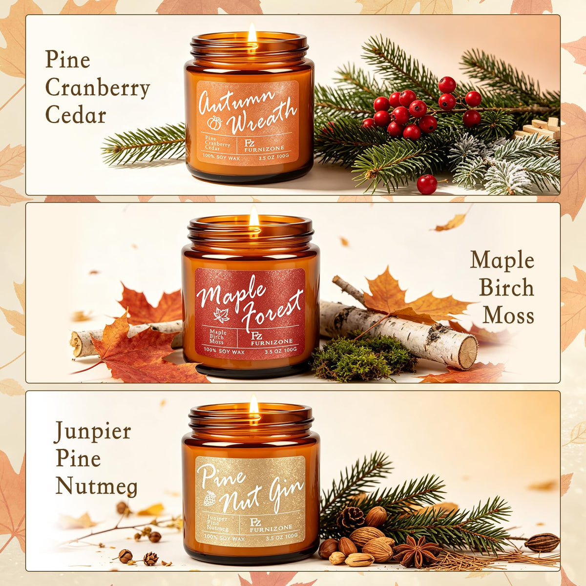 6 Fall Candles Set, Fall Scented Candles Scented, 180 Burning Hour
