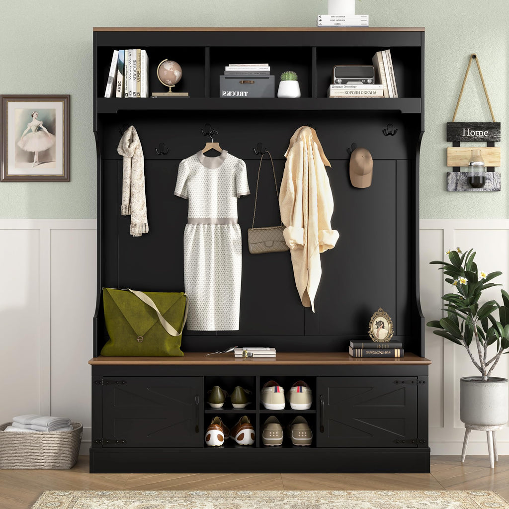71''H Farmhouse Hall Tree with Bench and Shoe Storage, 5-in-1 Modern Entryway Storage Organizer Cabinet with Rack, 4