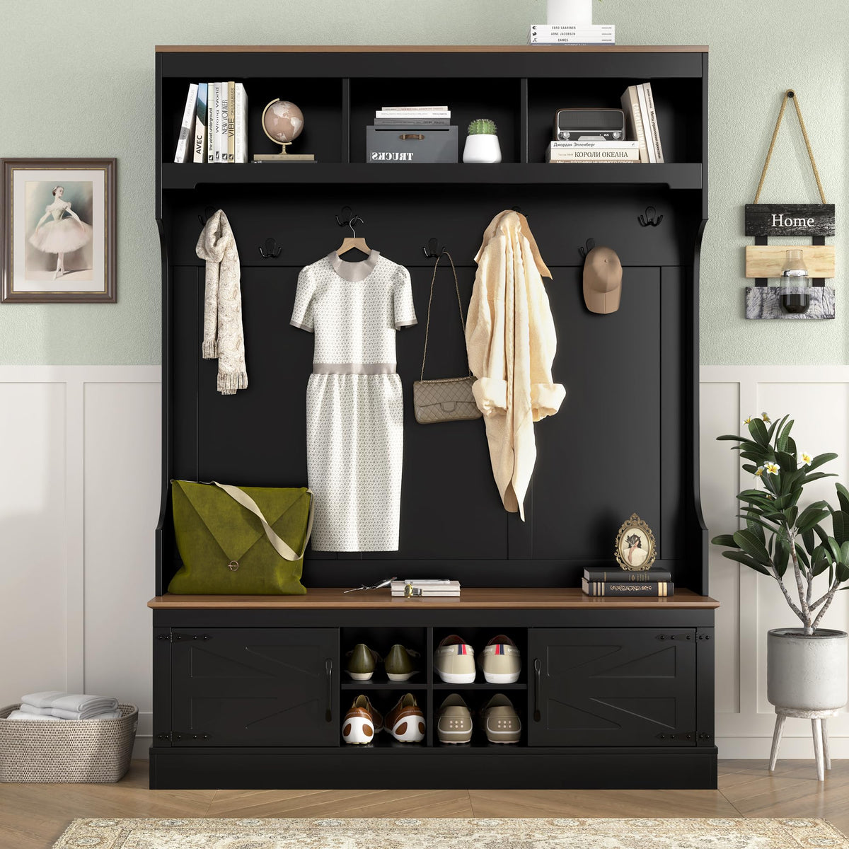 71''H Farmhouse Hall Tree with Bench and Shoe Storage, 5-in-1 Modern Entryway Storage Organizer Cabinet with Rack, 4