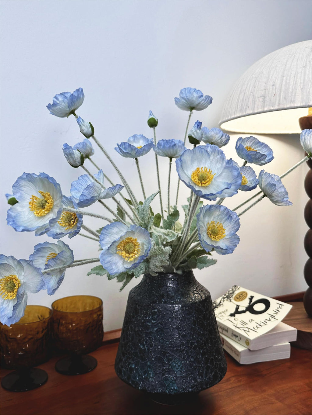 Set of 6 Light Blue Silk Poppy Flowers Artificial with Stems Silk Poppies Bouquet Faux Ranunculus Artificial Flowers