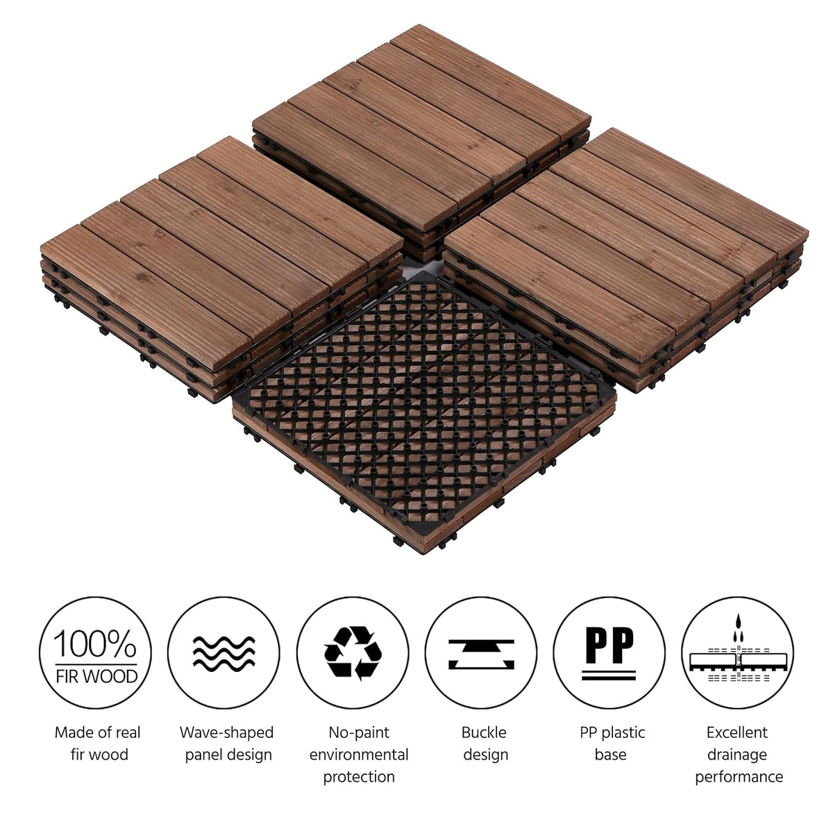 12 x 12in Patio Tiles Wood Floor Deck Tiles Interlocking Wooden Composite Decking Floor Tiles Outdoor for Garage Patio (11PCS)
