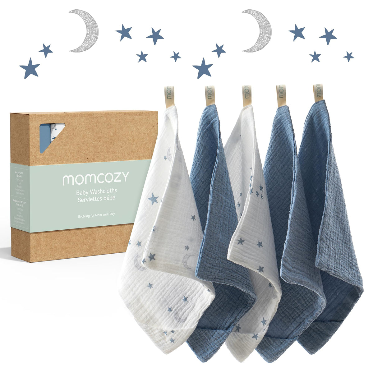 4-Layer Cotton Baby Washcloths, 5 Pack, Soft & Absorbent,Blue