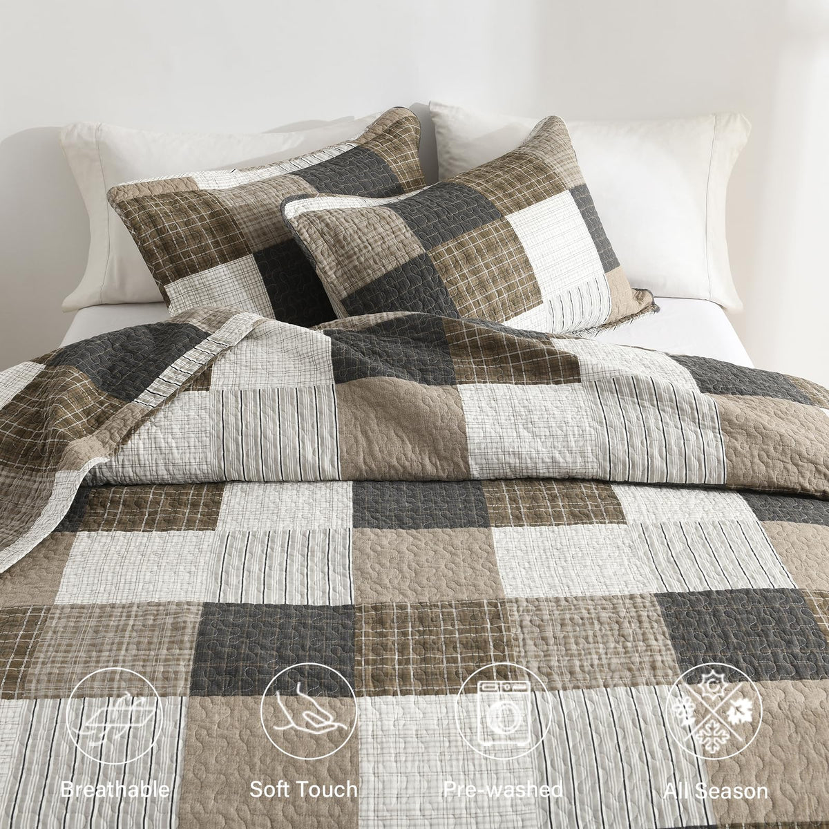 100% Cotton Quilt, Lodge Cabin Plaid Quilted Bedspread
