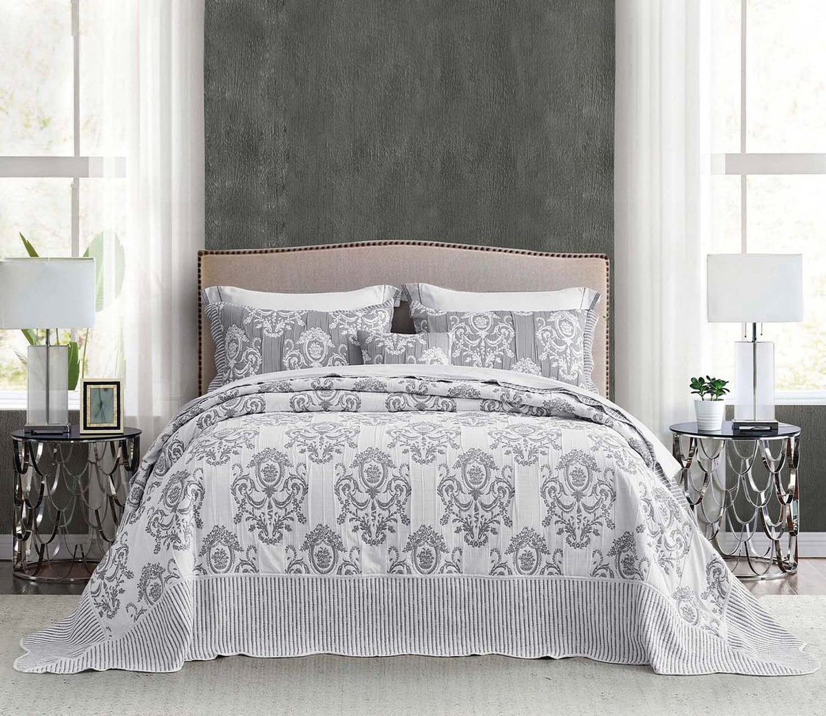 Bedspreads 128x120, Jacquard Damask, Grey