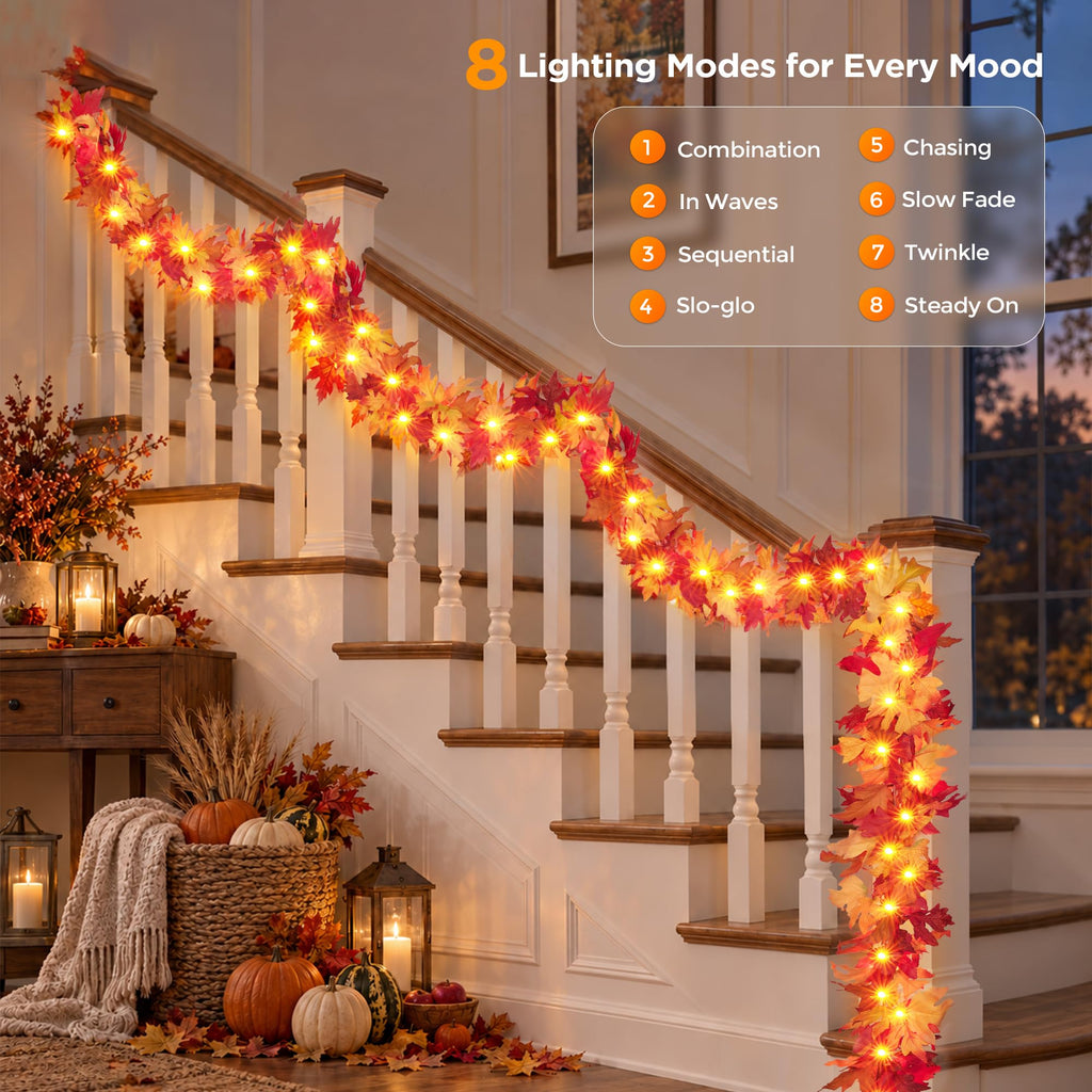 Fall Decorations 18 FT Pre-lit Fall Garland with 100 LED Orange Lights