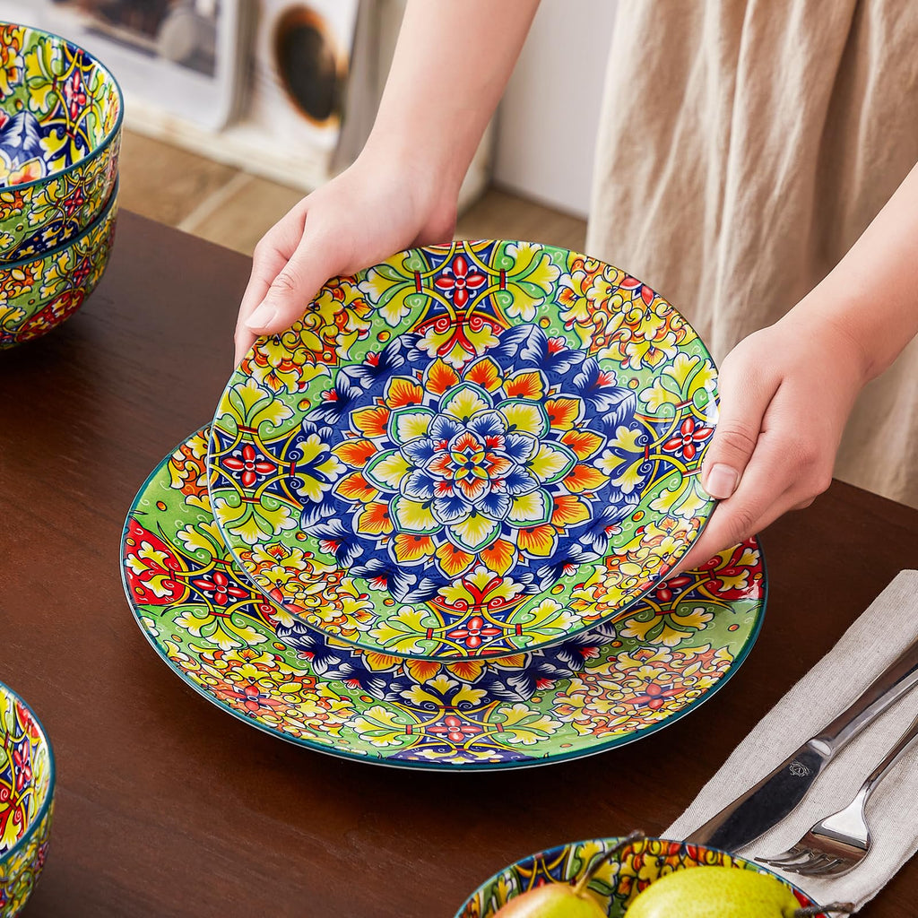 12 Pieces Dinnerware Sets, Green Plates and Bowls Set, Porcelain Dishes Set for 4, Microwave and Dishwasher Safe