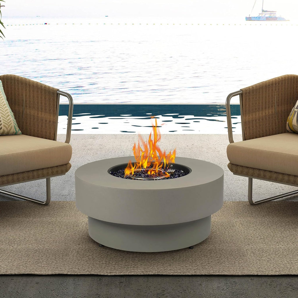 Propane Outdoor Fire Pit Table, Flint & Concrete Look 32-inch Round Patio Propane Fire Table 50,000 BTU w/Lid, Glass Rocks, Cover, Pre-Attached 10ft