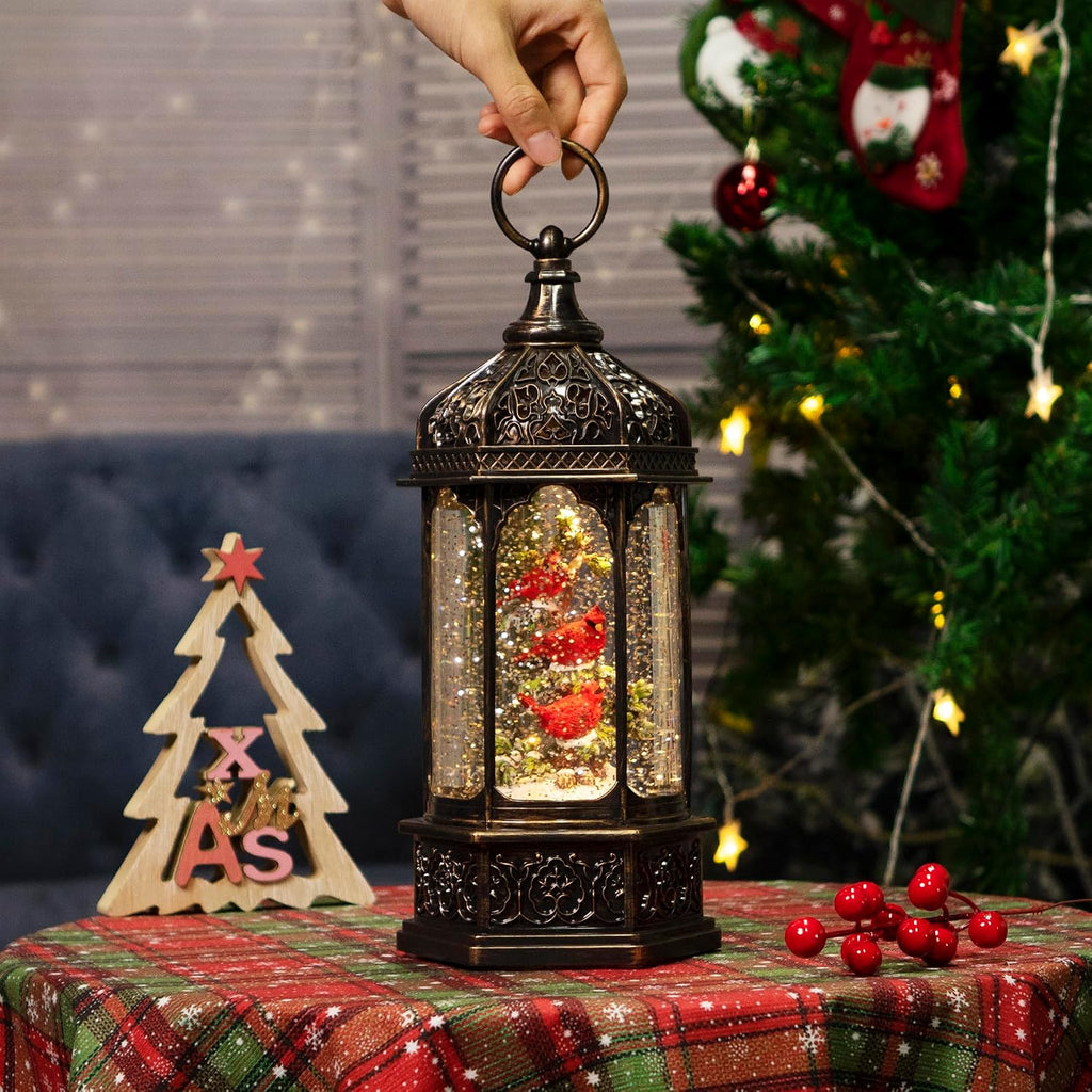 12.8" Lighted Musical Christmas Snow Globe Lantern with Three Red Cardinals in Tree, Swirling Glitter, Antique