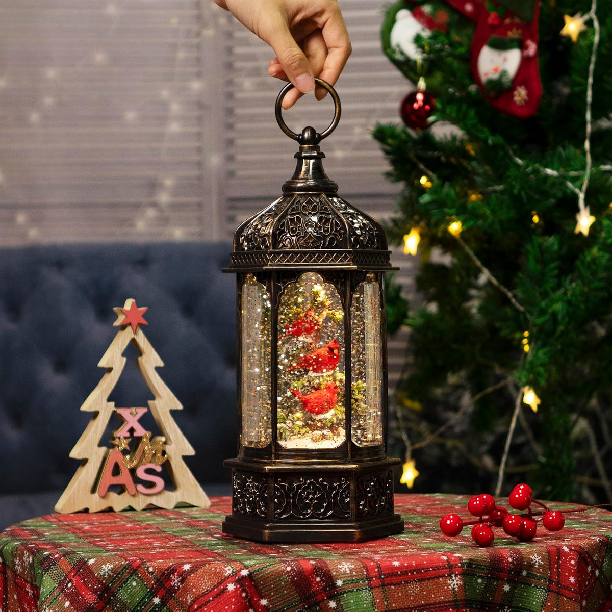 12.8" Lighted Musical Christmas Snow Globe Lantern with Three Red Cardinals in Tree, Swirling Glitter, Antique