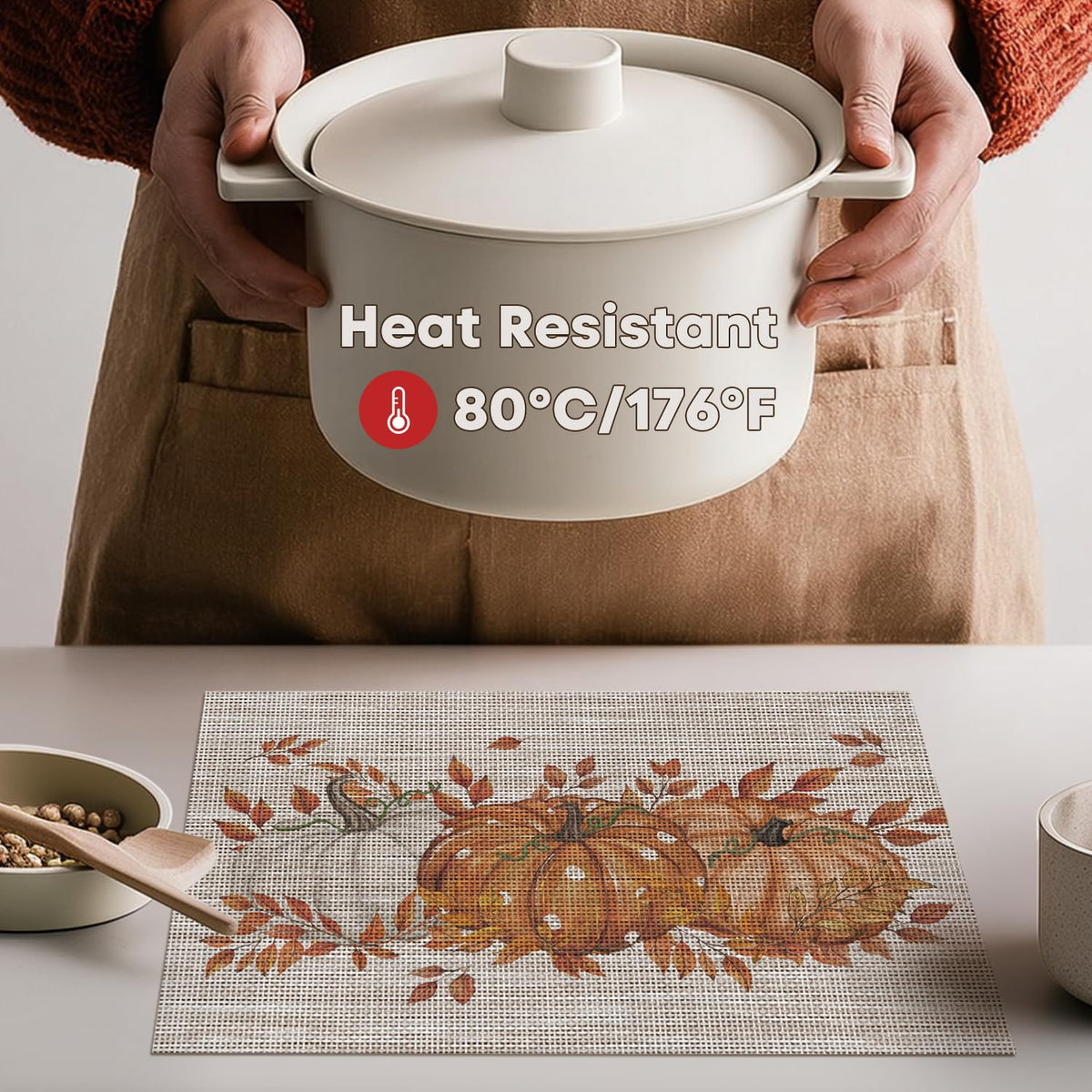 Pumpkins Leaves Fall Vinyl Placemats Set of 6, Wipeable Colorful Printing PVC Place Mats for Party Kitchen Dining