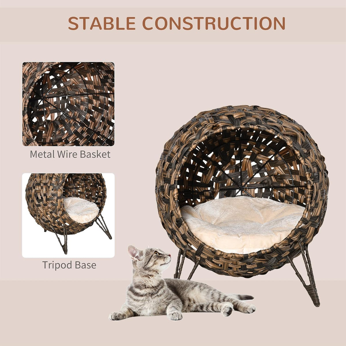 20.5" Weaved Cat Bed with Cushion, Brown