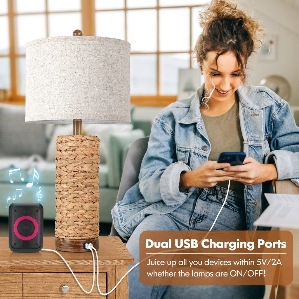 27Inch Tall Rattan Table Lamps Set of 2 with 2 USB Ports