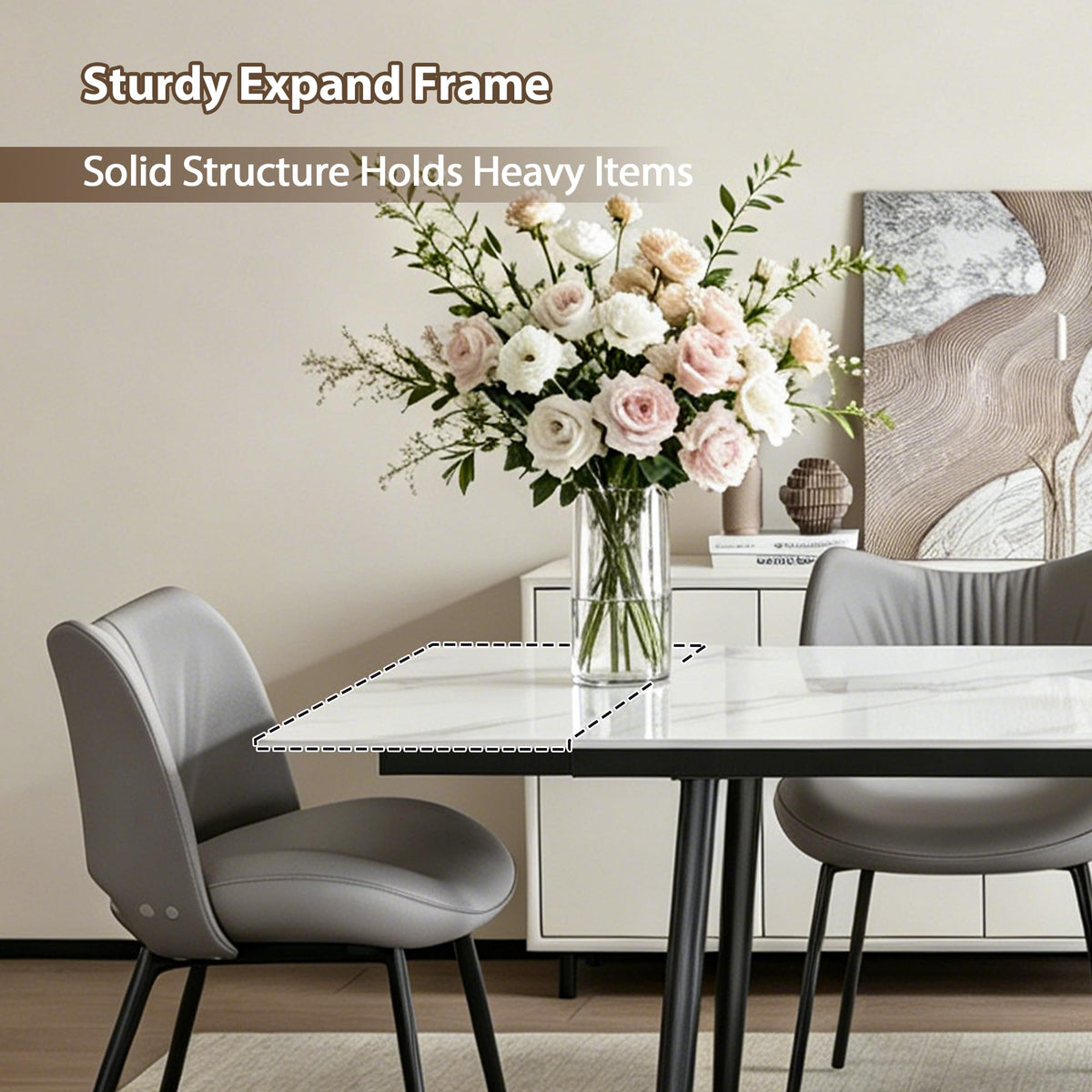 Modern Extendable White Stone Dining Table for 8-10 People, 62.9"-94.4" Rectangular Kitchen Table with Black Metal