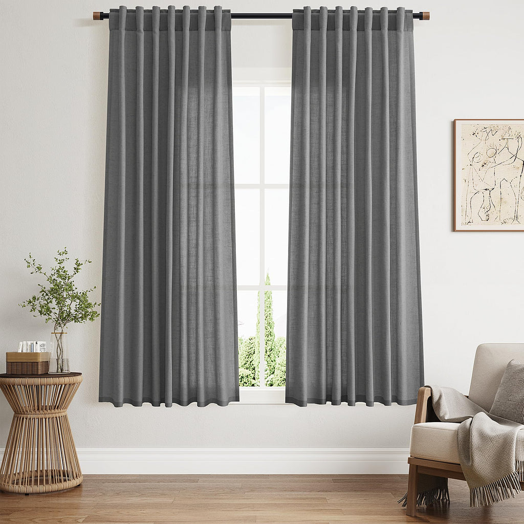 Blazer Grey Curtains 63 Inches Long 2 Panel Sets Bedroom, Light Filtering Linen Drapes Windows Rod Pocket or Back Tab
