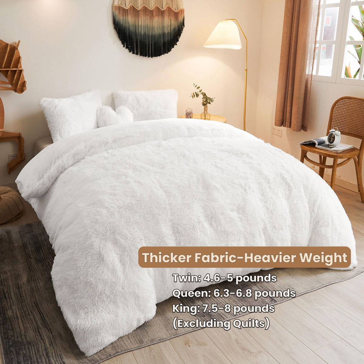 3 PCS Fluffy Faux Fur Duvet Cover Set, White