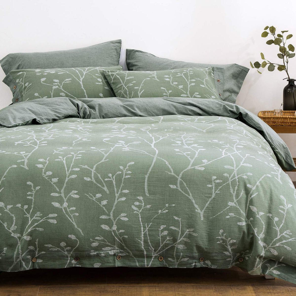 Duvet Cover Set Size Washed Cotton Yarn, Jacquard Green and White Thick Branch Pattern Floral Style 3Piece