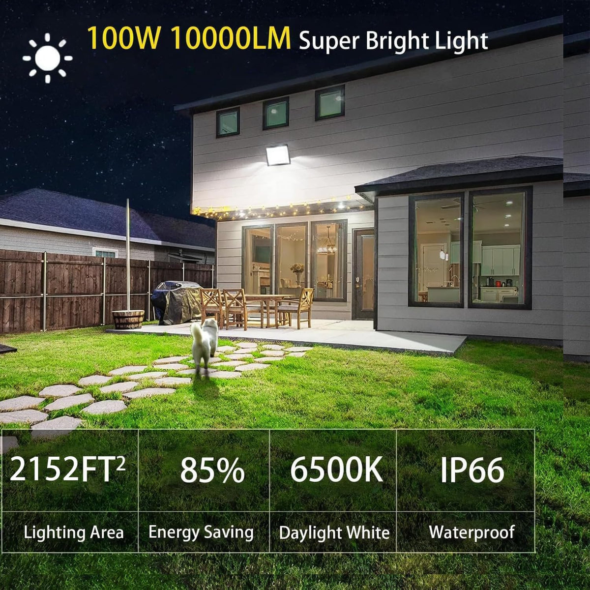 LED Flood Lights Outdoor for Yard Work -100W 10000lm Super Bright LED Work Light with US Plug,6500K Daylight White