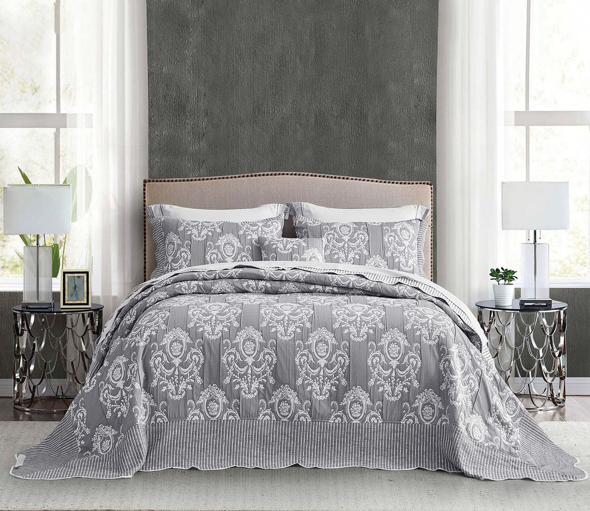 Bedspreads 128x120, Jacquard Damask, Grey