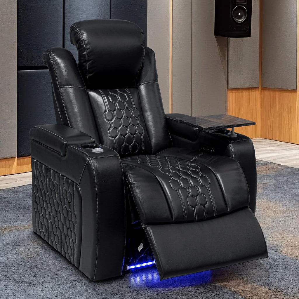 Home Theater Seating,Top-Grain Leather Recliner Sofa, Zero Gravity Power Reclining Couch with Ambient LED Lights