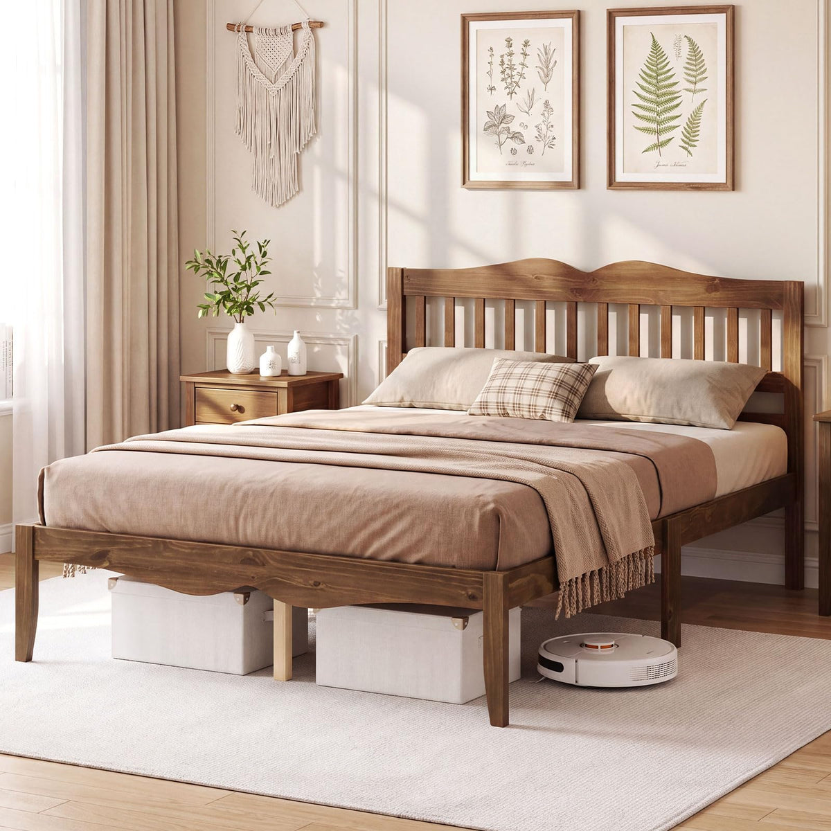 Full Size Wooden Bed Frame with Slatted Headboard, Walnut