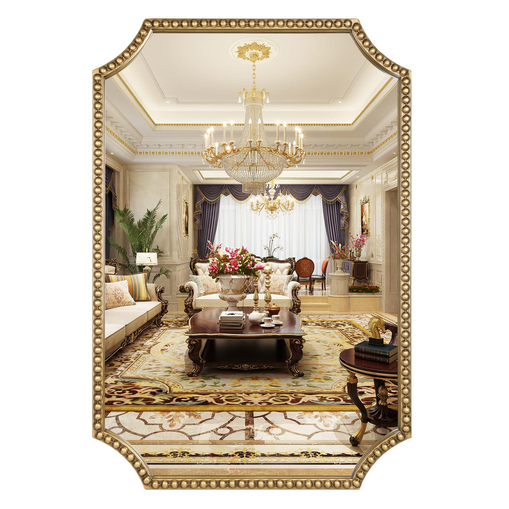 30"x40" Mirror for Wall, Full Scalloped Corners Rectangle Decorative Mirror, Metal Beaded Frame Accent Wall Decor