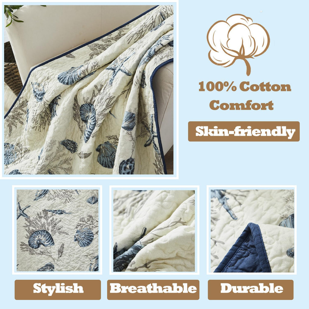 Ocean Comforter Sets 100% Cotton Lightweight Quilt Set Coverlet Sets Navy Coastal Bedding 2-Piece