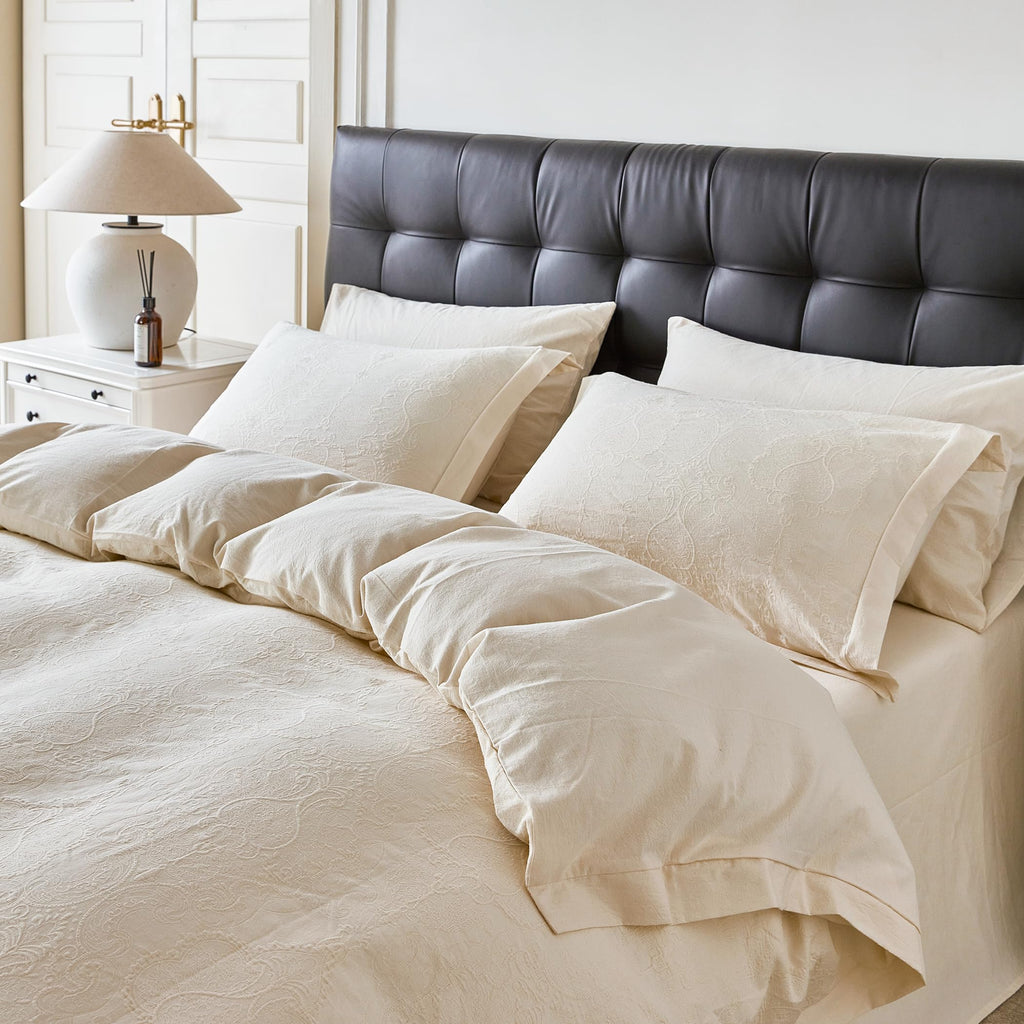 Beige Yellow Jacquard Duvet Cover Queen 100% Cotton 3 Pcs Set 1 Cream Boho Textured Duvet Cover with Zipper Ties 2