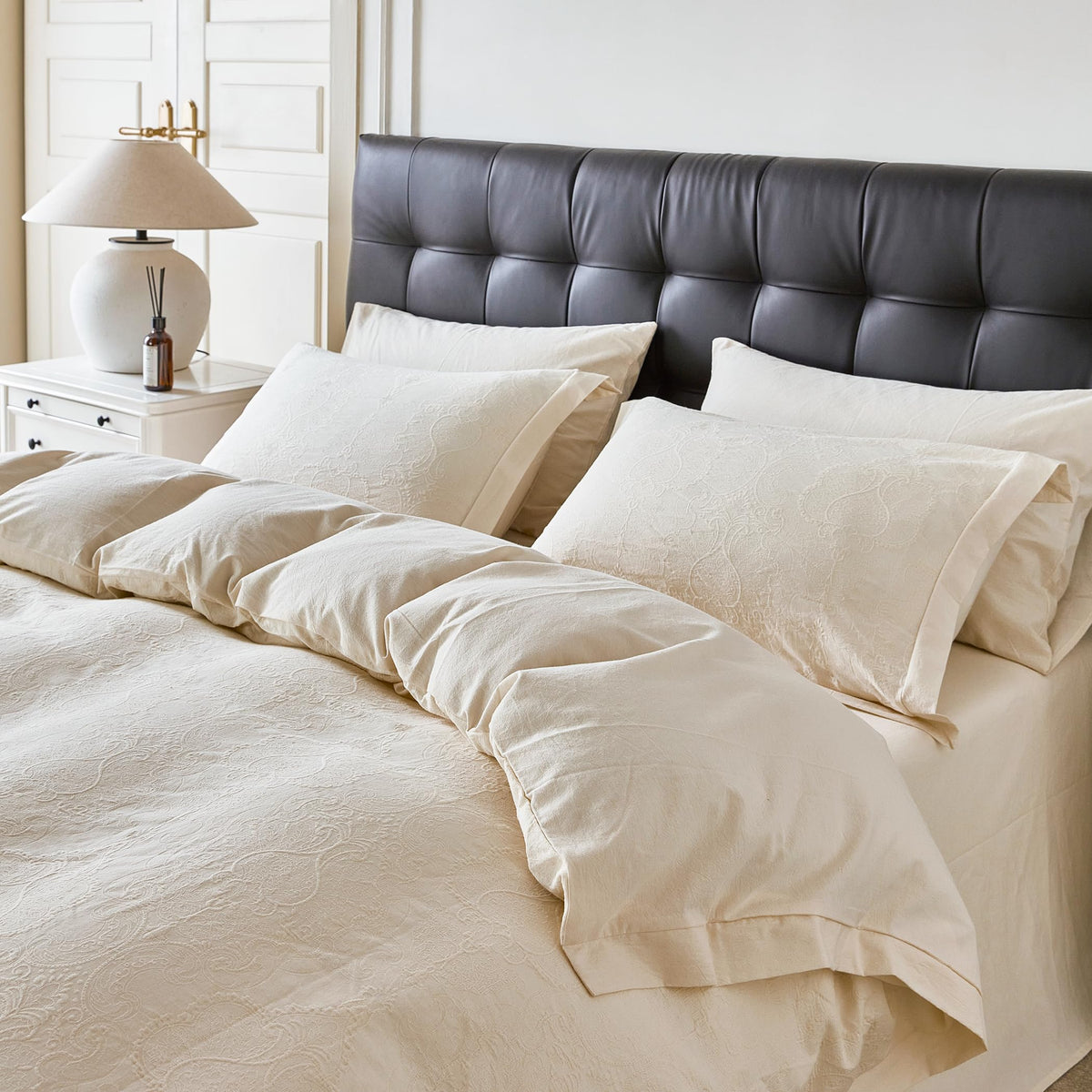 Beige Yellow Jacquard Duvet Cover Queen 100% Cotton 3 Pcs Set 1 Cream Boho Textured Duvet Cover with Zipper Ties 2