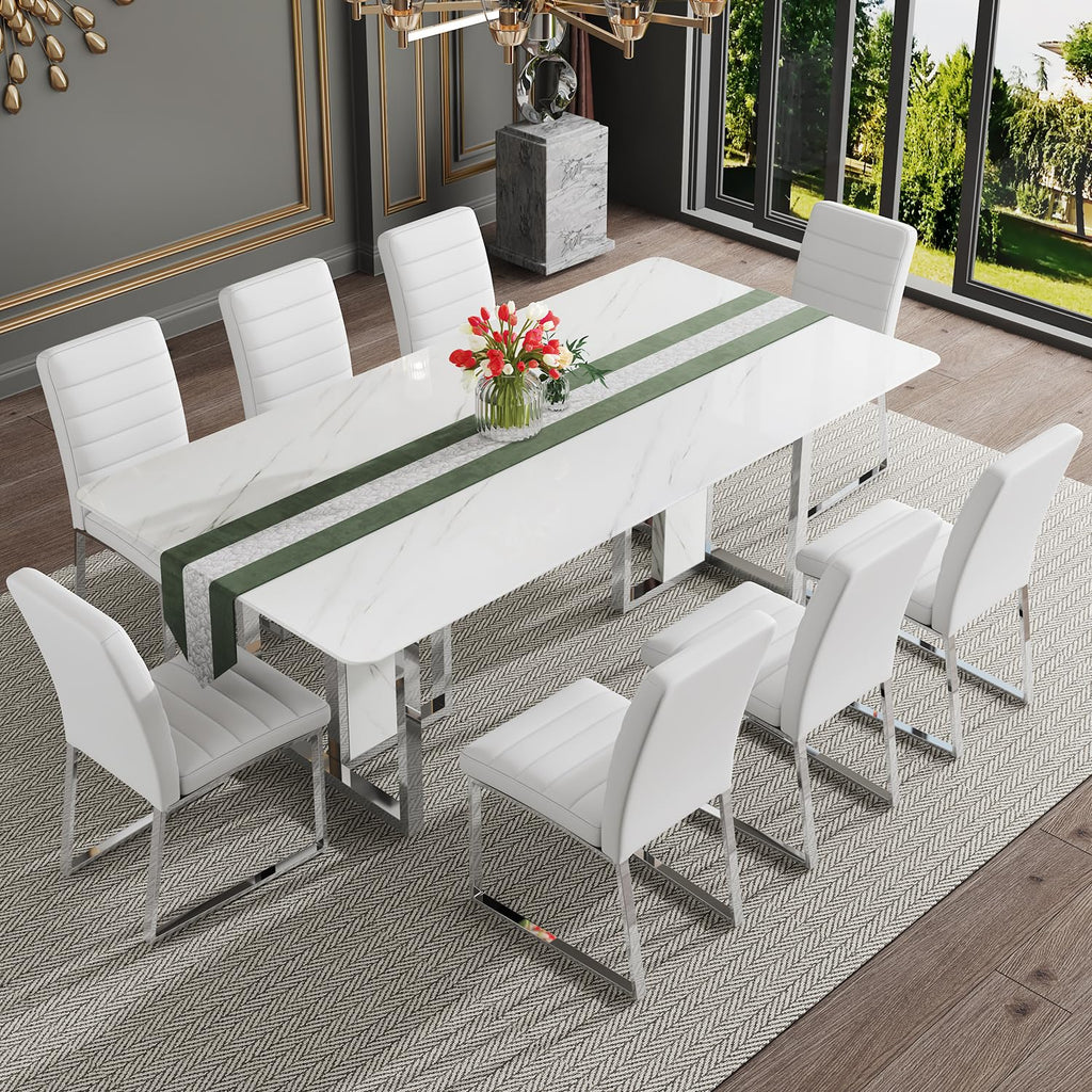 79 Inch Modern Dining Table Set for 8, White Luxury Kitchen Set with 1.8-inch Faux Marble Table Top & 8 PU Leather