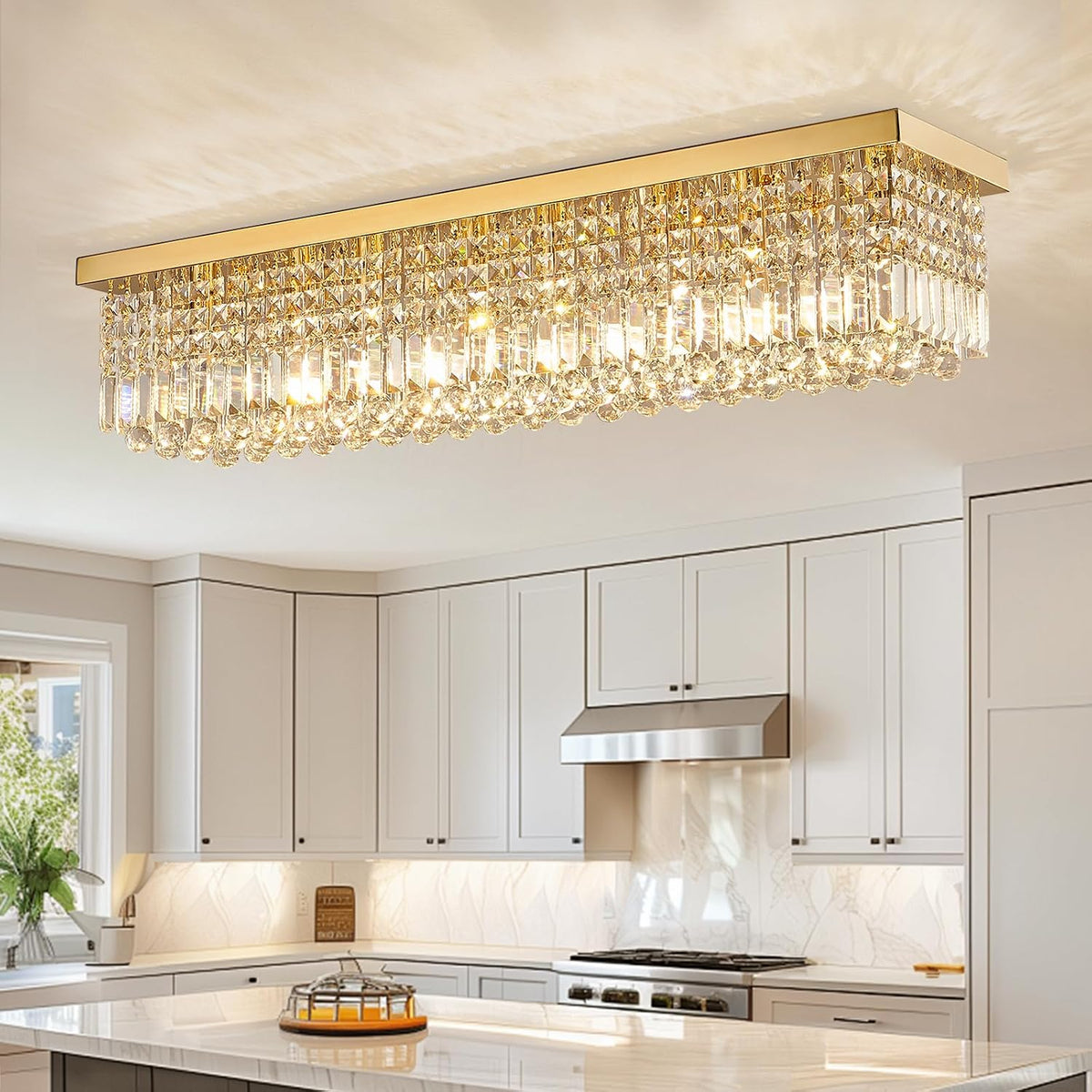 Eight-Light Rectangular Gold Crystal Chandelier, Modern Linear