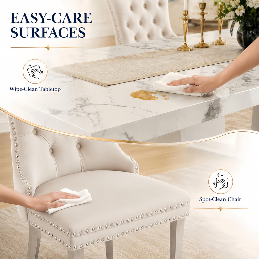 Faux Marble Dining Table Set for 8, 63"-78.7" Extendable Dining Room Table and 8 Beige Velvet Upholstered Chairs