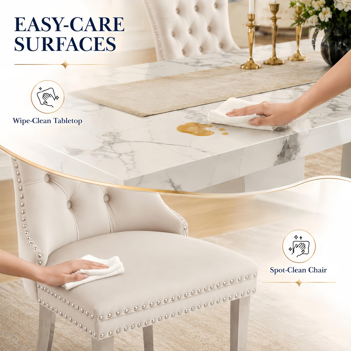 Faux Marble Dining Table Set for 8, 63"-78.7" Extendable Dining Room Table and 8 Beige Velvet Upholstered Chairs