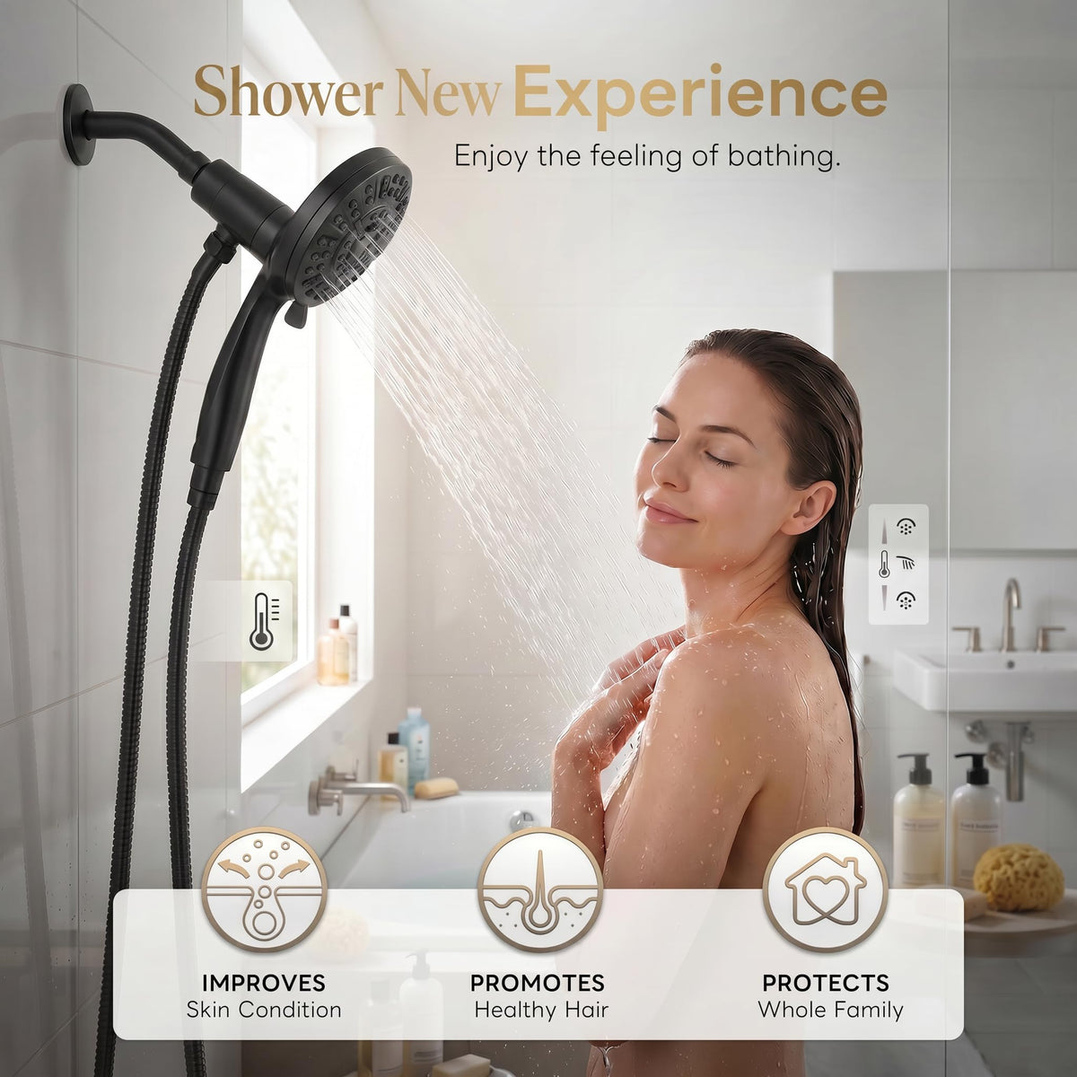High Pressure Handheld Shower Head Matte Black- Anti-clog Nozzles, Built-in Power Wash to Clean Tub, Wall & Overhead