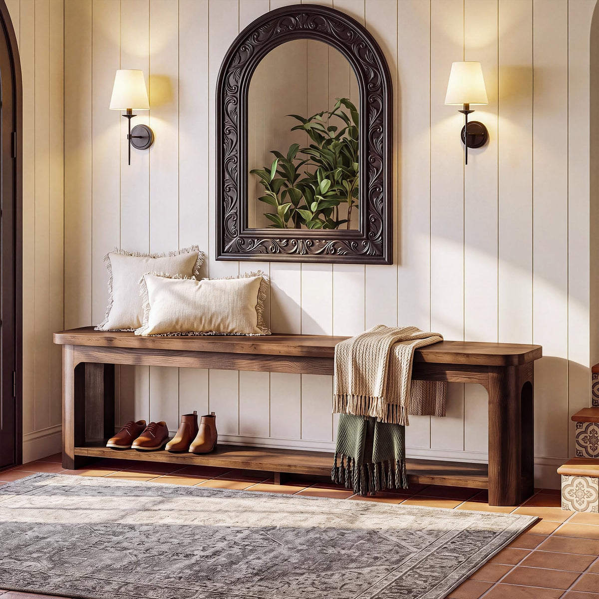 71" Solid Wood Beach with Storage, Farmhouse Entryway Shoe Bench