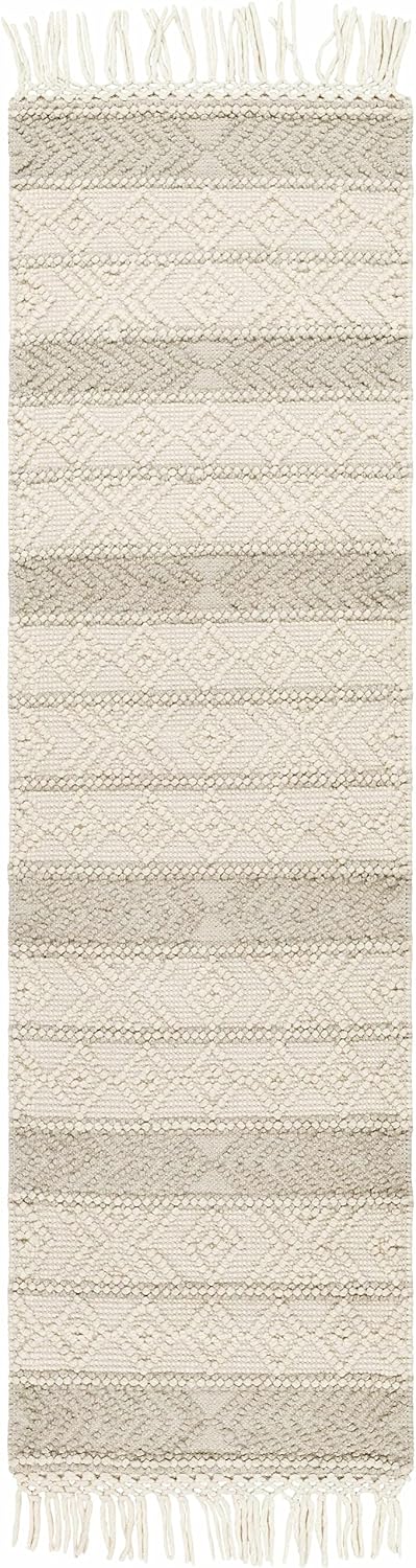 Ummi Wool Hallway, Kitchen Runner Rug - Geometric Striped Diamond Border - Traditional Transitional Scandinavian