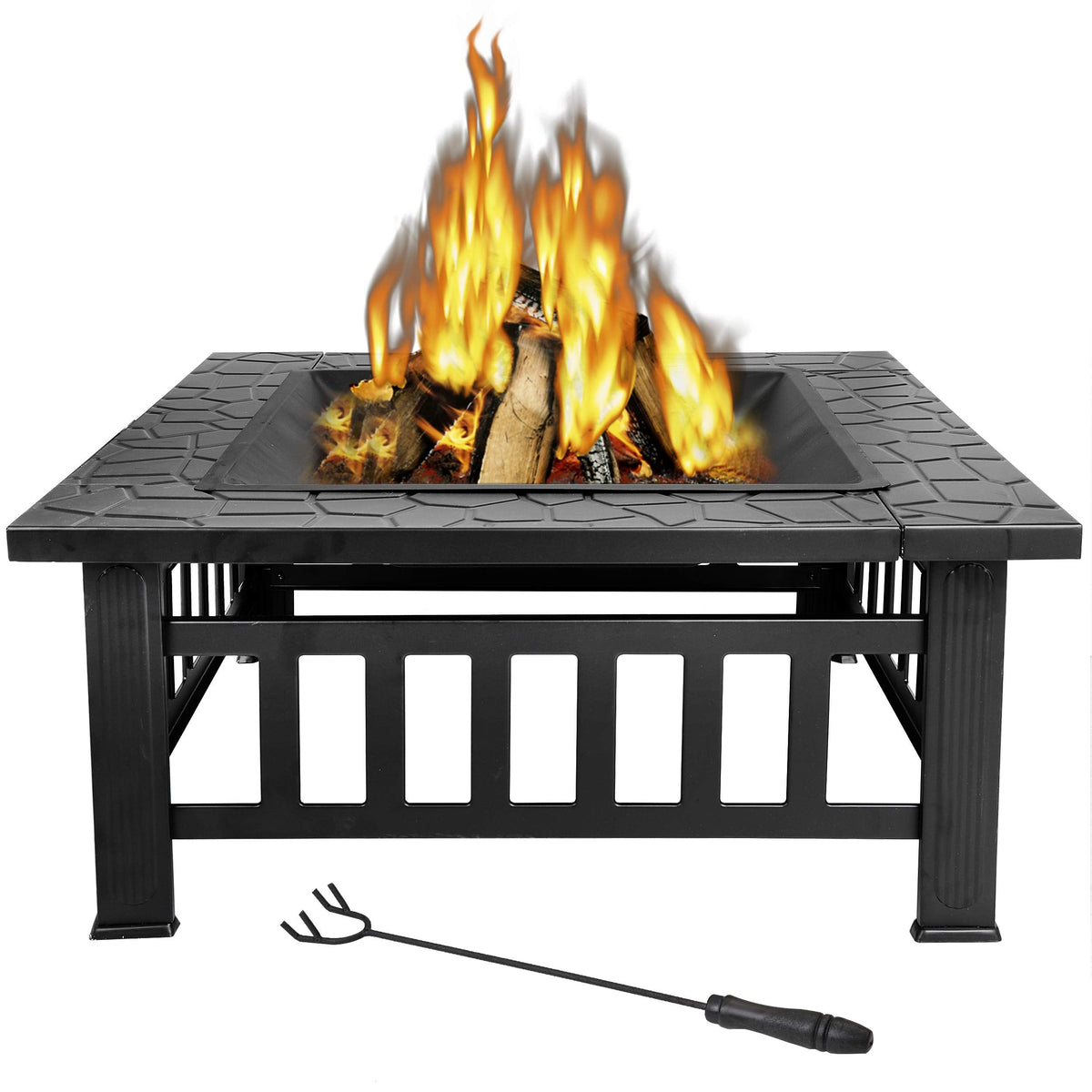 32" Heavy Duty Square Fire Pit Outdoor Metal Firepit Wood Burning Fireplace w/Waterproof Dust Cover Patio Backyard