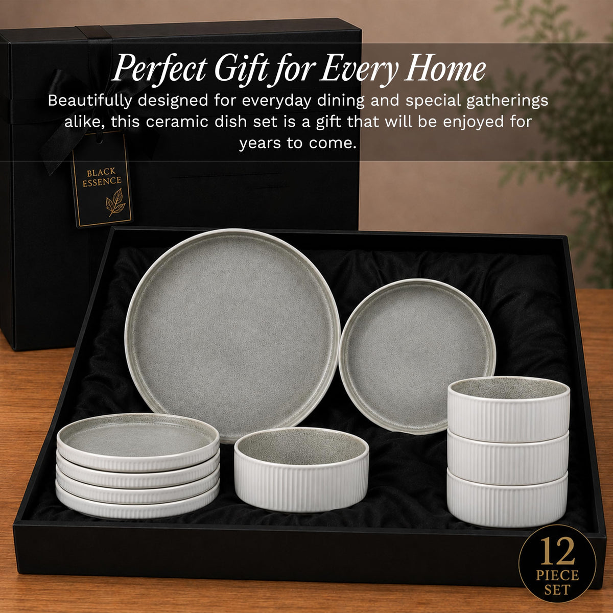 12 Pieces Stoneware Fluted Dinnerware Set, Modern Cream Dishes for 4, Premium Serving Plates and Bowls Sets, Chip &