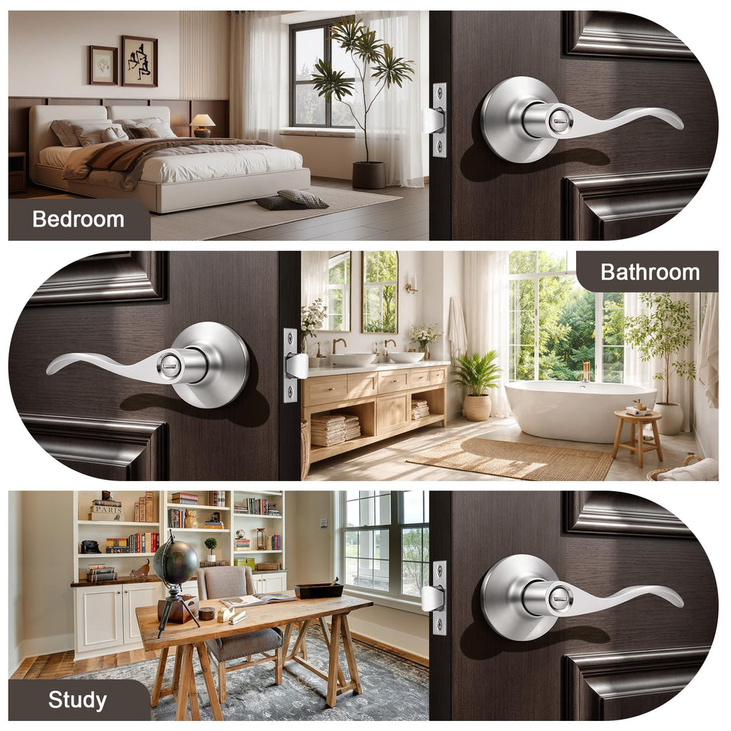 5 Pack Satin Nickel Privacy Door Lever, Modern Interior Door Knobs Locks, Heavy Duty Door Handle, Reversible Wave