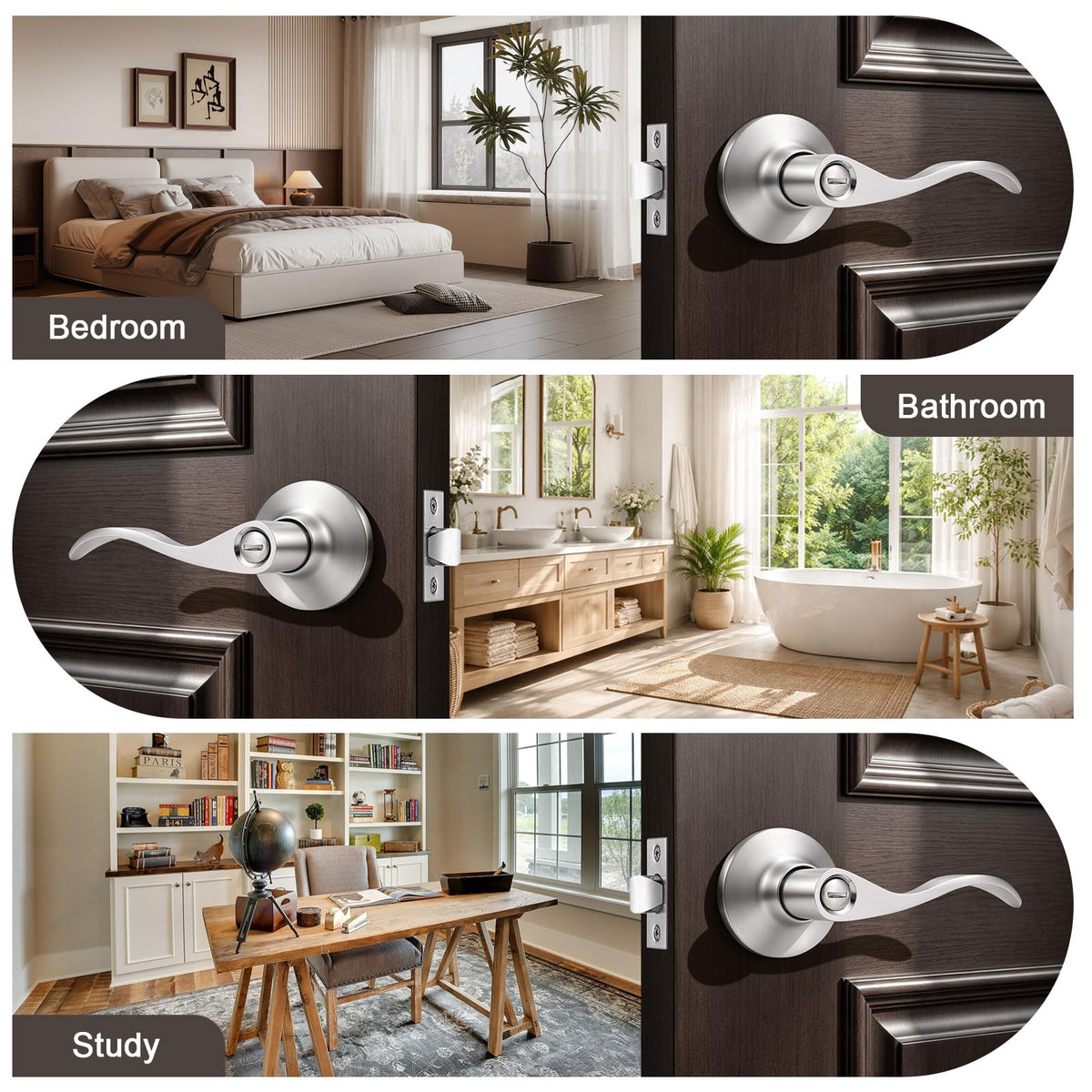 5 Pack Satin Nickel Privacy Door Lever, Modern Interior Door Knobs Locks, Heavy Duty Door Handle, Reversible Wave