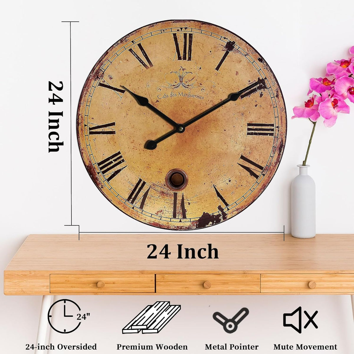 Rustic Large Wall Clock Silent Battery Operated for Farmhouse Livingroom,24 Inch Vintage Wall Clock Non-Ticking for Kitchen Bedroom Home School