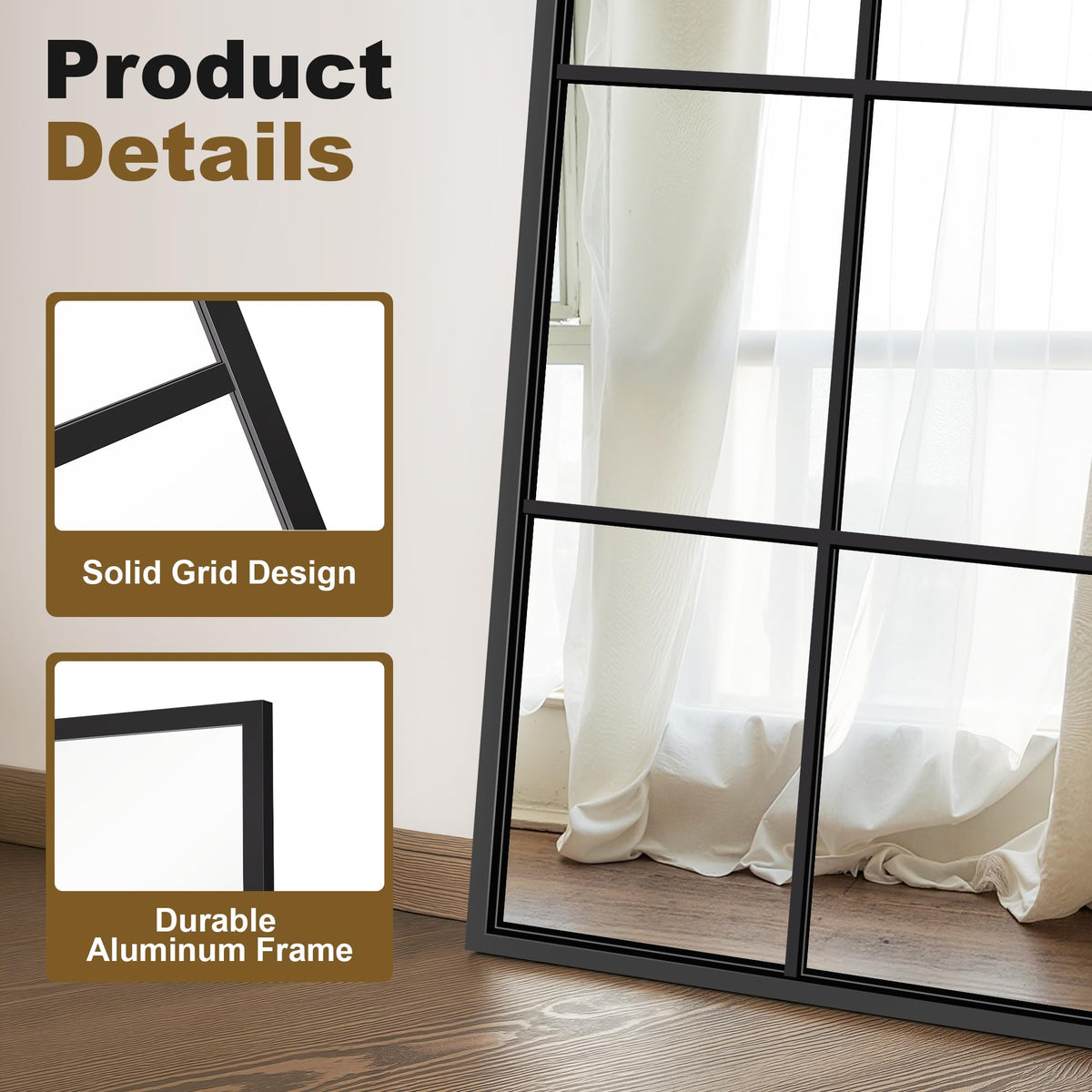 Full Length Mirror Window Pane, 30" x 70" Large Decorative Mirror, Black