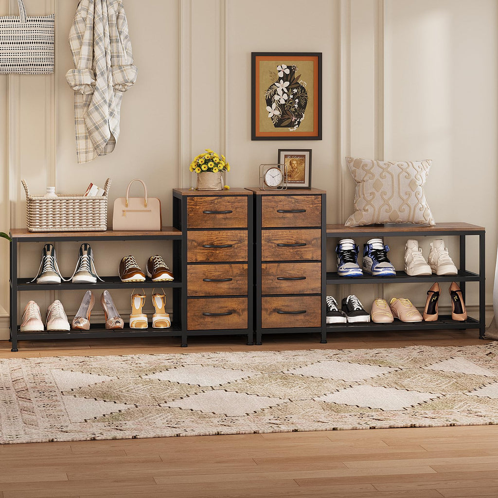 Industrial Shoe Storage Bench with 4 Drawers & Seat, Rustic Brown