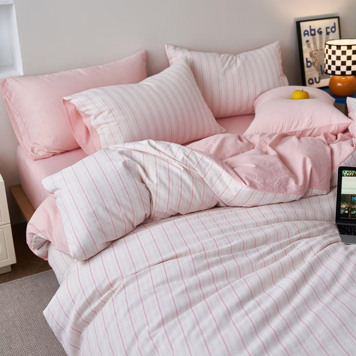 Pink Striped Duvet Cover, Cottagecore 100% Washed Cotton Duvet Cover