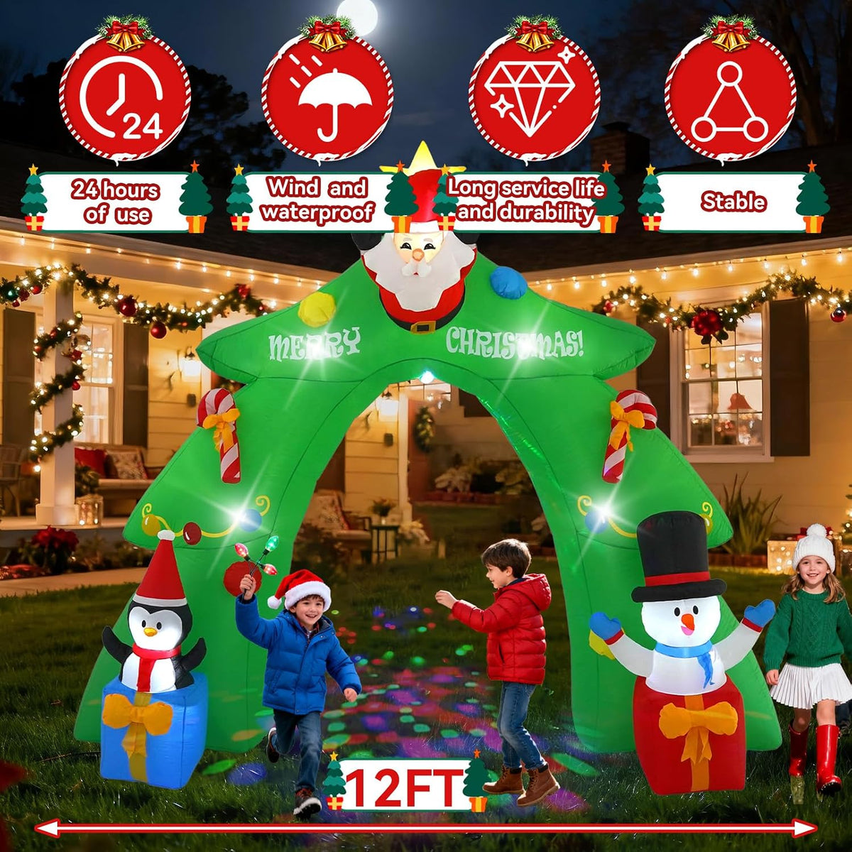 12 FT Santa's Candy Tree Arch Outdoor Inflatable with Rotating LED Colorful Lights for Christmas Holiday Party